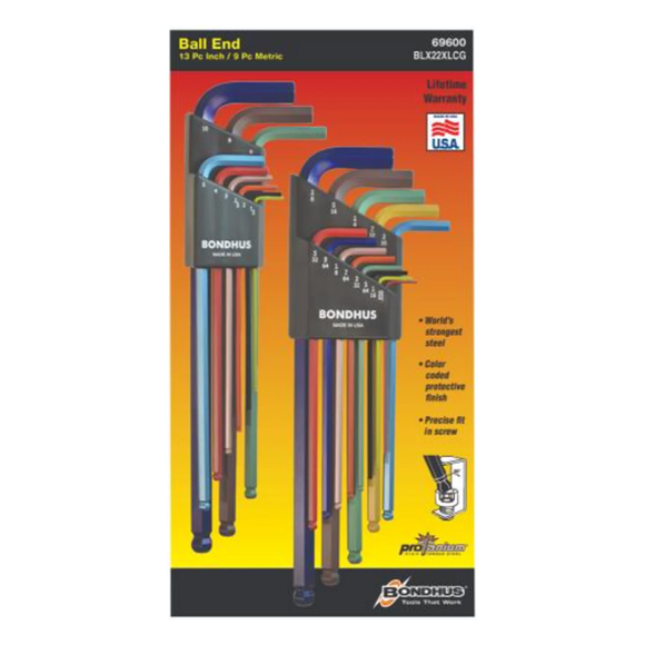 BONDHUS BLX22XLCG ColourGuard BallEnd Hex Key 22pcs Metric/Imperial Set - BON69600